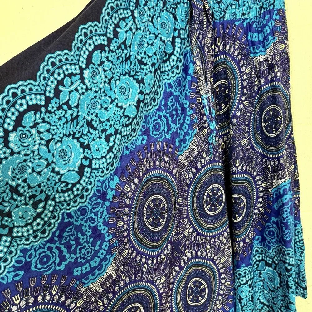Blue Floral Skirt‎ Asymmetric Tie Waist Smocked Whimsigoth Gypsy Fairy Grunge S